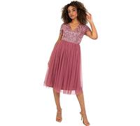 Maya Deluxe Women's Embellished Midi Evening Dress Ladies V Neckline with Short Sleeve for Prom Wedding Bridesmaid, Desert Rose, 12
