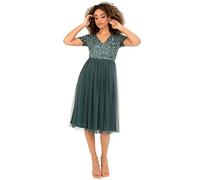 Maya Deluxe Women's Embellished Midi Evening Dress Ladies V Neckline with Short Sleeve for Prom Wedding Bridesmaid, Emerald Green, 14