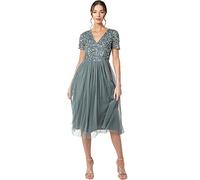 Maya Deluxe Women's Embellished Midi Evening Dress Ladies V Neckline with Short Sleeve for Prom Wedding Bridesmaid, Misty Green, 12