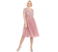 Maya Deluxe Women's Embellished Midi Evening Dress Ladies V Neckline with Short Sleeve for Prom Wedding Bridesmaid, Vintage Rose, 10
