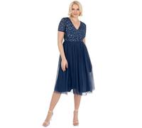 Maya Deluxe Women's Embellished Midi Evening Dress Ladies V Neckline with Short Sleeve for Prom Wedding Bridesmaid, French Navy, 20