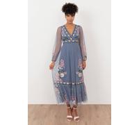 Maya Deluxe Women's Embroidered Faux Wrap Long Sleeve Midaxi Dress in Mid Blue | Size: 10 Maya Deluxe Mid Blue 10