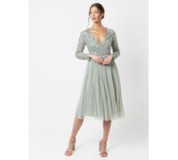 Maya Deluxe Women's Faux Wrap Embellished Long Sleeve Midi Dress in Mint | Size: 6 Maya Deluxe Mint 6