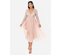Maya Deluxe Women's Faux Wrap Embellished Long Sleeve Midi Dress in Taupe | Size: 24 Maya Deluxe Taupe 24