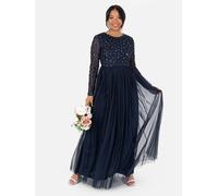 Maya Deluxe Women's Ladies Maxi Dress Long Sleeve Round Neck Sequin Embellished Tulle Floral A-line for Occasion Prom Ball Gown, Navy Blue, 14