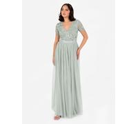 Maya Deluxe Women's Floral Embellished Short Sleeve V Neck Maxi Dress in Mint | Size: 8 Maya Deluxe Mint 8