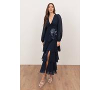 Maya Deluxe Women's Floral Embellished Twist-Front Long Sleeve Tiered Midaxi Dress in Dark Navy | Size: 18 Maya Deluxe Dark Navy 18