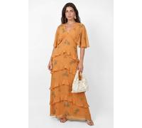 Maya Deluxe Women's Floral Embellished V Neck Kimono Sleeve Ruffled Maxi Dress in Amber | Size: 20 Maya Deluxe Amber 20