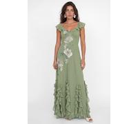 Maya Deluxe Women's Floral Embellished Waterfall Ruffle Maxi Dress in Olive | Size: 8 Maya Deluxe Olive 8
