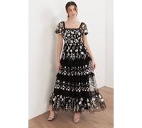 Maya Deluxe Women's Floral Embroidered Short Sleeve Midaxi Dress in Black | Size: 12 Maya Deluxe Black 12
