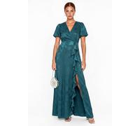Maya Deluxe Women's Floral Jacquard Faxu Wrap Waterfall Ruffle Satin Maxi Dress in Teal | Size: 12 Maya Deluxe Teal 12