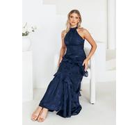 Maya Deluxe Women's Floral Jacquard Halter Neck Maxi Dress in Dark Navy | Size: 16 Maya Deluxe Dark Navy 16