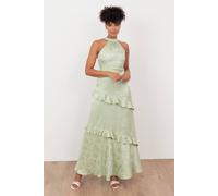 Maya Deluxe Women's Floral Jacquard Satin Halter Neck Maxi Dress in Light Green | Size: 16 Maya Deluxe Light Green 16