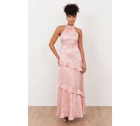 Maya Deluxe Women's Floral Jacquard Satin Halter Neck Maxi Dress in Light Pink | Size: 18 Maya Deluxe Light Pink 18