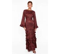 Maya Deluxe Women's Floral Jacquard Waterfall Ruffle Satin Maxi Dress in Dark Red | Size: 12 Maya Deluxe Dark Red 12