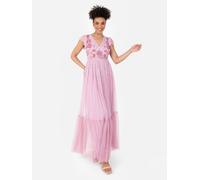 Maya Deluxe Womens Ladies Maxi V-Neck Short Flutter Sleeves Floral Sequin Embellished Tulle A-line Wedding Guest Bridesmaid Dress, Cherry Blossom, 16 UK