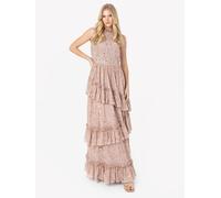 Maya Deluxe Women's Fully Embellished Halter Neck Maxi Dress in Nude | Size: 16 Maya Deluxe Nude 16
