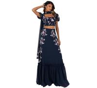 Maya Deluxe Women's Indian Traditional Dress Outfit Lengha Choli Lehenga Saree Skirt and Top Dupatta Coord Set for Wedding Guest, Navy Flowers, 8