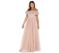 Maya Deluxe Women's Ladies Bardot Dress Maxi Embellished Hight Empire Waist Sleeveless Tulle for Wedding Guest Prom Graduation Bridesmaid, Taupe Blush, 22
