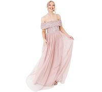 Maya Deluxe Women's Ladies Bardot Dress Maxi Embellished Hight Empire Waist Sleeveless Tulle for Wedding Guest Prom Graduation Bridesmaid, Frosted Pink, 22