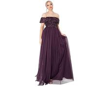 Maya Deluxe Women's Ladies Bardot Dress Maxi Embellished Hight Empire Waist Sleeveless Tulle for Wedding Guest Prom Graduation Bridesmaid, Berry, 6