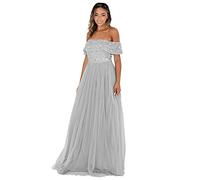 Maya Deluxe Women's Ladies Bardot Dress Maxi Embellished Hight Empire Waist Sleeveless Tulle for Wedding Guest Prom Graduation Bridesmaid, Soft Grey, 14