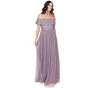 Maya Deluxe Women's Ladies Bardot Dress Maxi Embellished Hight Empire Waist Sleeveless Tulle for Wedding Guest Prom Graduation Bridesmaid, Moody Lilac, 16