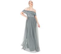 Maya Deluxe Women's Ladies Bardot Dress Maxi Embellished Hight Empire Waist Sleeveless Tulle for Wedding Guest Prom Graduation Bridesmaid, Misty Green, 16