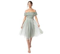 Maya Deluxe Women's Ladies Bardot Dresses Midi High Empire Waist Sequins Embellished Formal Evening for Wedding Guest Bridesmaid, Green, 26