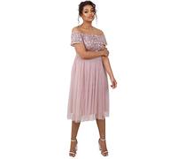 Maya Deluxe Women's Ladies Bardot Dresses Midi High Empire Waist Sequins Embellished Formal Evening for Wedding Guest Bridesmaid, Pink, 28