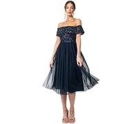 Maya Deluxe Women's Ladies Bardot Dresses Midi High Empire Waist Sequins Embellished Formal Evening for Wedding Guest Bridesmaid, Navy, 24