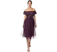 Maya Deluxe Women's Ladies Bardot Dresses Midi High Empire Waist Sequins Embellished Formal Evening for Wedding Guest Bridesmaid, Berry, 16
