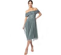 Maya Deluxe Women's Ladies Bardot Dresses Midi High Empire Waist Sequins Embellished Formal Evening for Wedding Guest Bridesmaid, Misty Green, 12