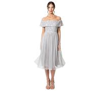 Maya Deluxe Women's Ladies Bardot Dresses Midi High Empire Waist Sequins Embellished Formal Evening for Wedding Guest Bridesmaid, Soft Grey, 12