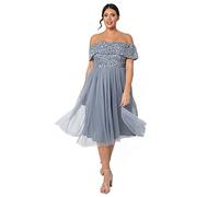 Maya Deluxe Women's Ladies Bardot Dresses Midi High Empire Waist Sequins Embellished Formal Evening for Wedding Guest Bridesmaid, Dusty Blue, 16