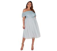 Maya Deluxe Women's Ladies Bardot Dresses Midi High Empire Waist Sequins Embellished Formal Evening for Wedding Guest Bridesmaid, Ice Blue, 18