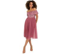 Maya Deluxe Women's Ladies Bardot Dresses Midi High Empire Waist Sequins Embellished Formal Evening for Wedding Guest Bridesmaid, Desert Rose, 16