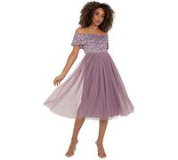 Maya Deluxe Women's Ladies Bardot Dresses Midi High Empire Waist Sequins Embellished Formal Evening for Wedding Guest Bridesmaid, Moody Lilac, 14