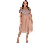 Maya Deluxe Women's Ladies Bardot Dresses Midi High Empire Waist Sequins Embellished Formal Evening for Wedding Guest Bridesmaid, Taupe Blush, 16