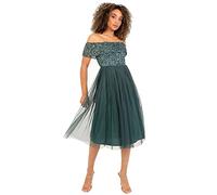 Maya Deluxe Women's Ladies Bardot Dresses Midi High Empire Waist Sequins Embellished Formal Evening for Wedding Guest Bridesmaid, Emerald Green, 10