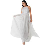 Maya Deluxe Women's Ladies Bridesmaid Maxi Dress Halter Neck Sequin Embellished Prom Graduation Wedding, Soft Grey, 22