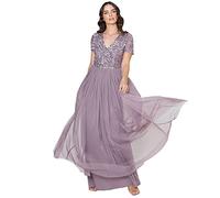 Maya Deluxe Women's Ladies Dress for Wedding Guest Plus Size Empire High Waist Sequins Short Sleeve Evening Bridesmaid, Moody Lilac, 28