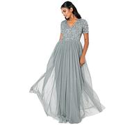 Maya Deluxe Women's Ladies Dress for Wedding Guest Plus Size Empire High Waist Sequins Short Sleeve Evening Bridesmaid, Misty Green, 18