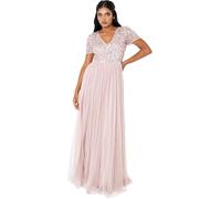 Maya Deluxe Women's Ladies Dress for Wedding Guest Plus Size Empire High Waist Sequins Short Sleeve Evening Bridesmaid, Frosted Pink, 16