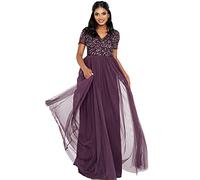Maya Deluxe Women's Ladies Dress for Wedding Guest Plus Size Empire High Waist Sequins Short Sleeve Evening Bridesmaid, Berry, 10