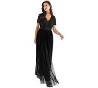 Maya Deluxe Women's Ladies Dress for Wedding Guest Plus Size Empire High Waist Sequins Short Sleeve Evening Bridesmaid, Black, 14