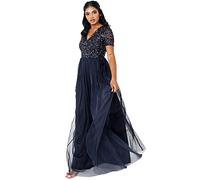 Maya Deluxe Women's Ladies Dress for Wedding Guest Plus Size Empire High Waist Sequins Short Sleeve Evening Bridesmaid, Navy, 28
