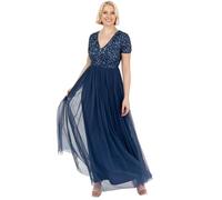 Maya Deluxe Women's Ladies Dress for Wedding Guest Plus Size Empire High Waist Sequins Short Sleeve Evening Bridesmaid, French Navy, 22