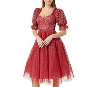 Maya Deluxe Women's Ladies Dress Midi Sequin Embellished Frilly Sweetheart Neckline Puffed Sleeves for Wedding Guest Prom Evening, Vermillion, 24