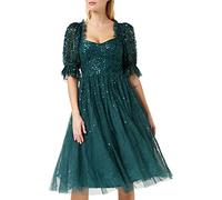 Maya Deluxe Women's Ladies Dress Midi Sequin Embellished Frilly Sweetheart Neckline Puffed Sleeves for Wedding Guest Prom Evening, Emerald Green, 24